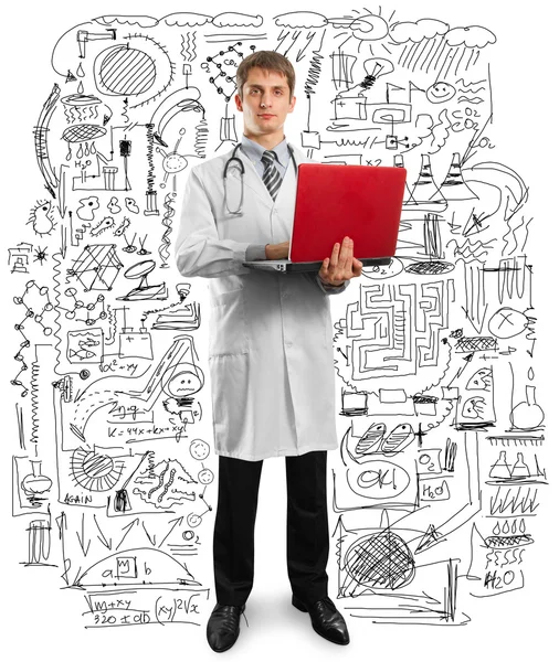 Dottore maschio in giacca e cravatta con computer portatile in mano — Foto Stock