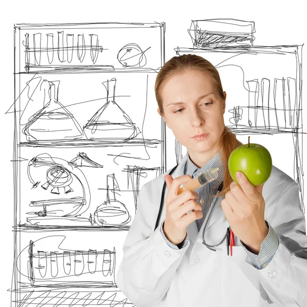 Científica mujer con manzana — Foto de Stock
