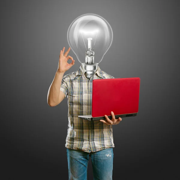Casual lamp-head with laptop shows OK — Stok fotoğraf