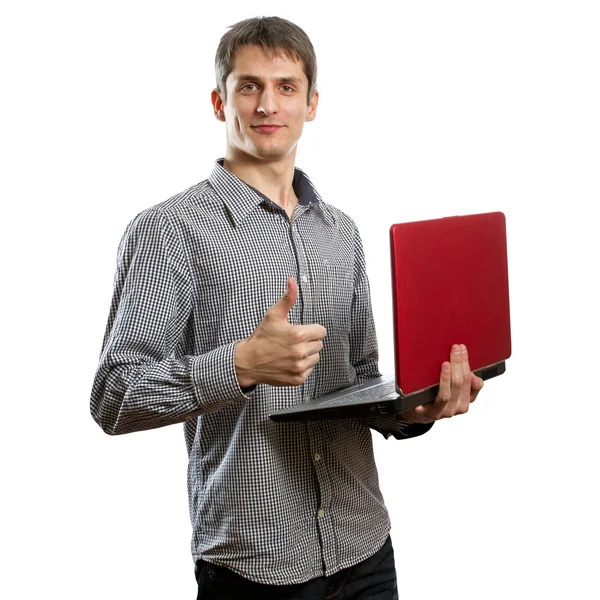 男性在他手中做得好的笔记本电脑 — 图库照片