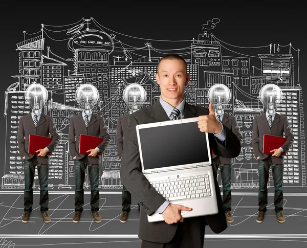 Lampa huvud företagare med laptop — Stockfoto