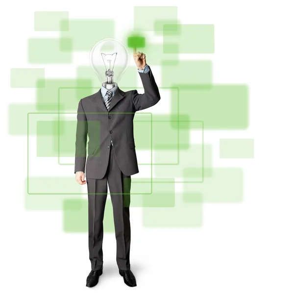 Uomo d'affari a figura intera con testa di lampada premere il pulsante — Foto Stock