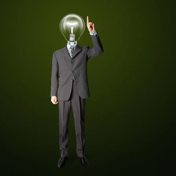 Pełnej długości biznesmen z lampy głowy nacisnąć przycisk — Zdjęcie stockowe