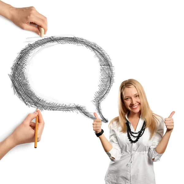 Human hands with speech bubble and woman — Stock Photo, Image