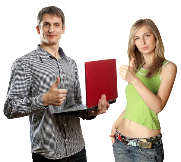 Man with laptop in his hands and woman Royalty Free Stock Images