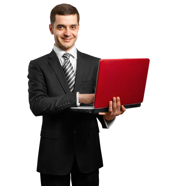 Αρσενικό σε κοστούμι με φορητό υπολογιστή στα χέρια του — Φωτογραφία Αρχείου