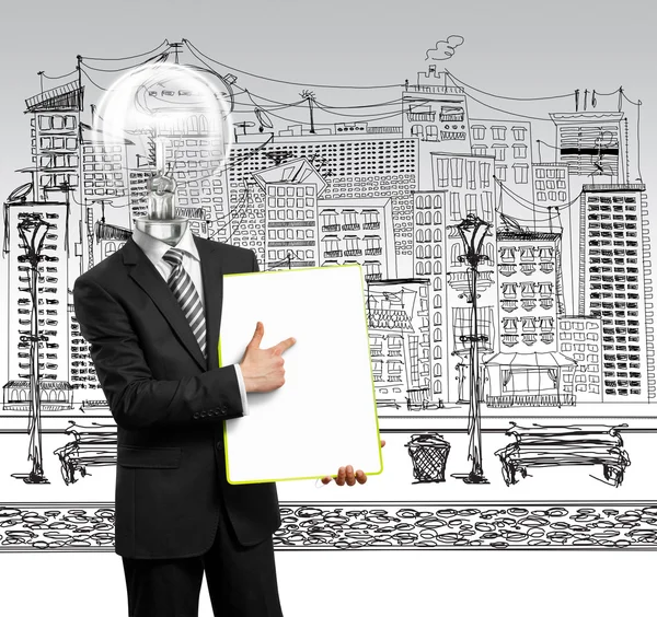 Lamp head businessman with empty write board — Stock Photo, Image
