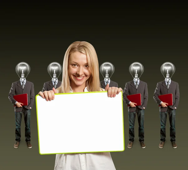 Woman and lamp head businesspeople with laptop — Stock Photo, Image