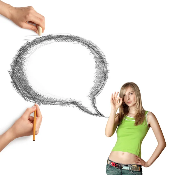Human hands with speech bubble and woman — Stock Photo, Image