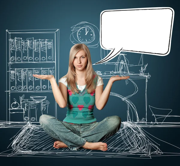Woman in lotus pose with speech bubble Stock Photo