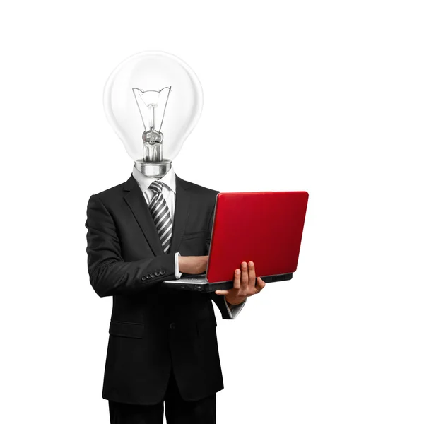 Lamp head businessman with laptop — Stock Photo, Image