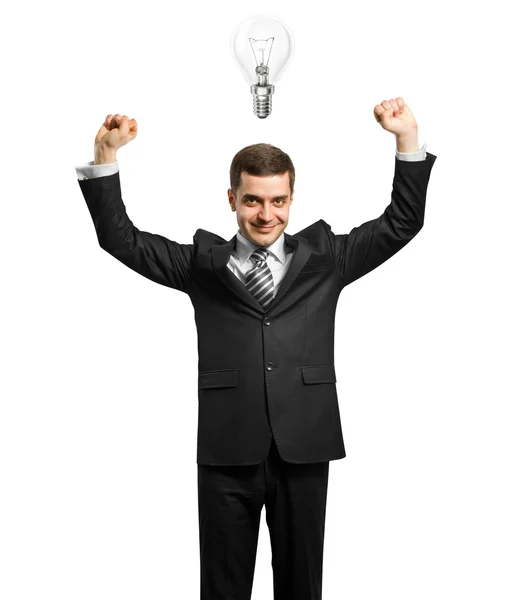 Lamp-hoofd zakenman met handen omhoog — Stockfoto