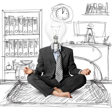 Lamp-head businessman in lotus pose clipart