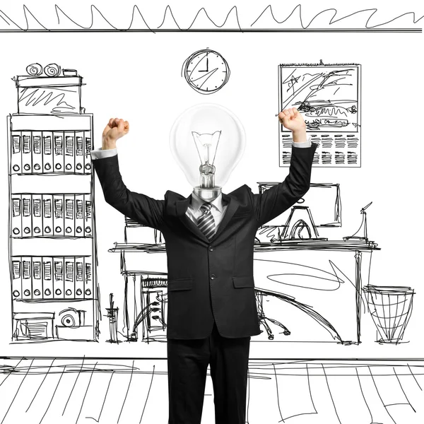 Uomo d'affari testa di lampada con le mani in alto — Foto Stock