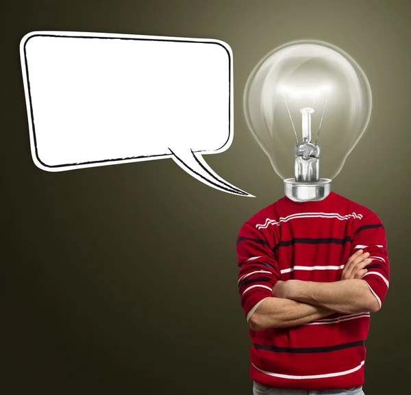 Hombre en rojo y cabeza de lámpara con burbuja de habla —  Fotos de Stock