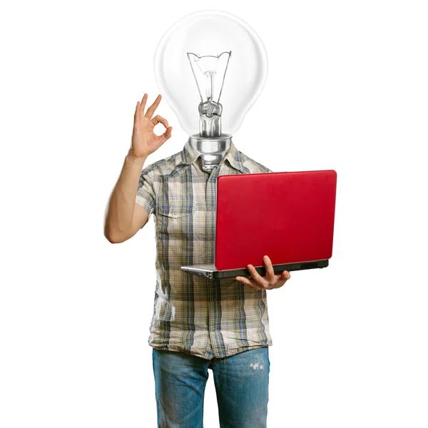 Casual lamp-head with laptop shows OK — Stok fotoğraf
