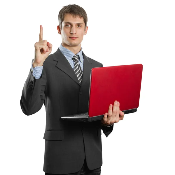Masculino de terno com laptop com ideia — Fotografia de Stock