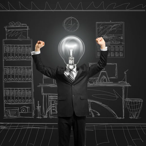 Lamp-head businessman with hands up Stock Photo