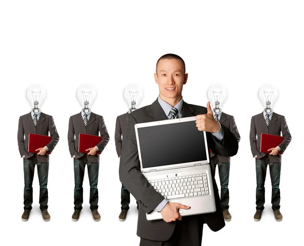 Lampa głowa biznesmeni z laptopa — Zdjęcie stockowe