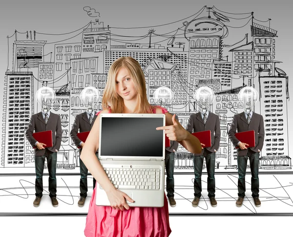 Kadın ve lamba kafa iş adamları ile laptop — Stok fotoğraf