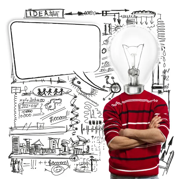 Masculino em vermelho e cabeça de lâmpada com bolha de fala — Fotografia de Stock