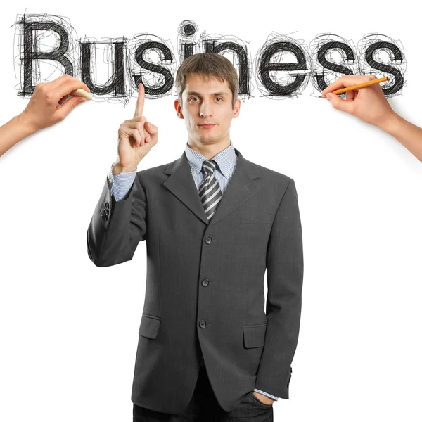 言葉ビジネス ビジネスマンが付いたスケッチします。 — ストック写真