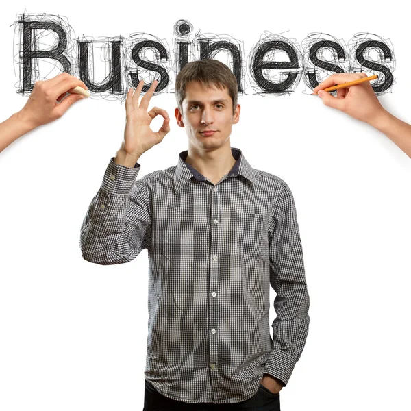 Skizze Wort Geschäft mit Geschäftsmann — Stockfoto