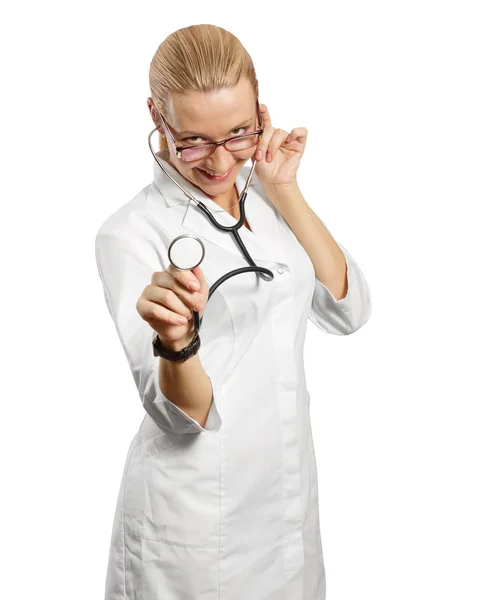 Young doctor woman with stethoscope — Stok fotoğraf