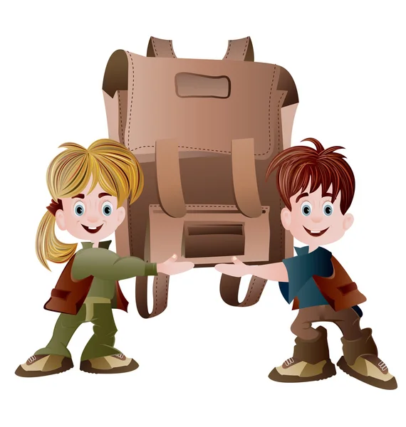 Fille et garçon tenant sac d'école — Image vectorielle