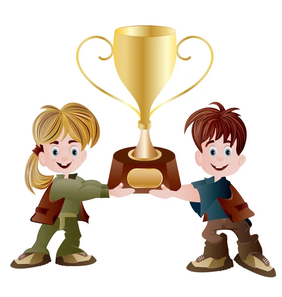 Meisje en jongen houden trofee — Stockvector