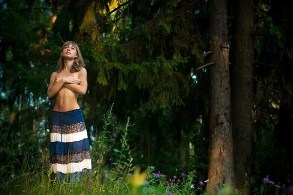 Ragazza in topless nel bosco — Foto Stock