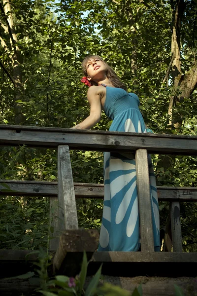Vacker flicka står på bron — Stockfoto