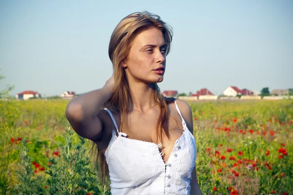 Junge Frau pflückt im Mohnfeld Blumen — Stockfoto