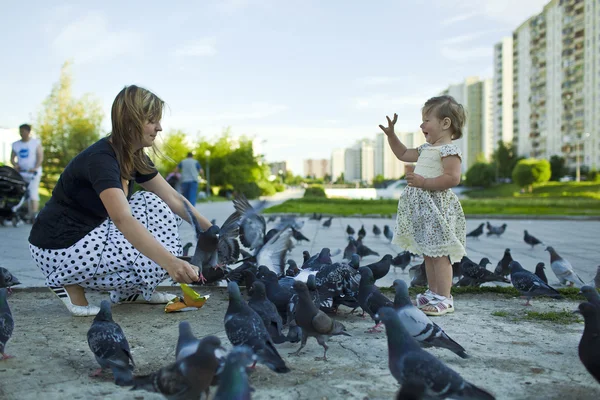 stock image Little girl and mother feeding pigeons urban blue-gray