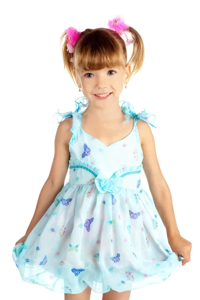 Little girl in blue dress — Stock Photo, Image