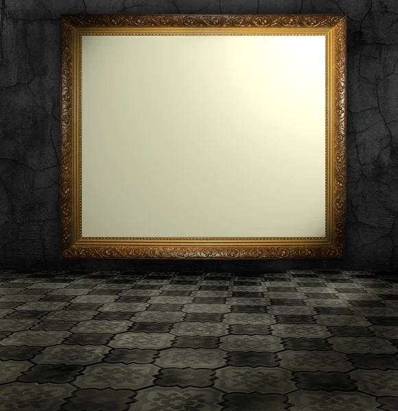 Carved gilded frame on silver wall — Stock Photo, Image
