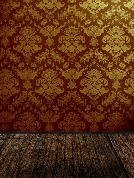 Vintage rum med gyllene damast tapeter — Stockfoto