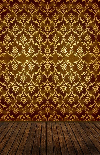 Quarto vintage com papel de parede damasco dourado — Fotografia de Stock