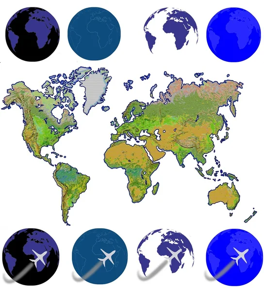 Развернутая карта мира и летающий самолет — стоковое фото