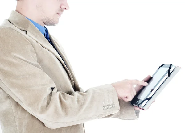 Бизнесмен держит планшет ПК — стоковое фото