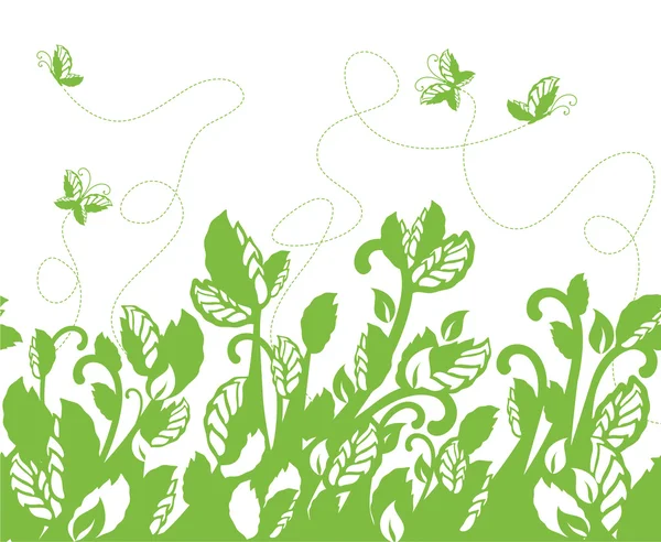 Follaje verde inconsútil y borde de mariposas — Vector de stock
