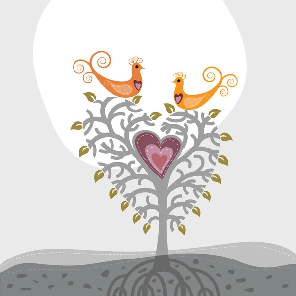 Amore uccelli e albero a forma di cuore — Vettoriale Stock