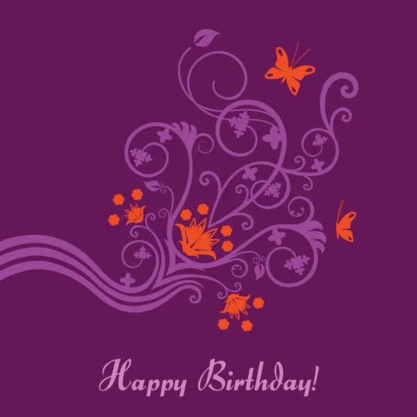 Tarjeta de cumpleaños floral púrpura y rosa — Vector de stock