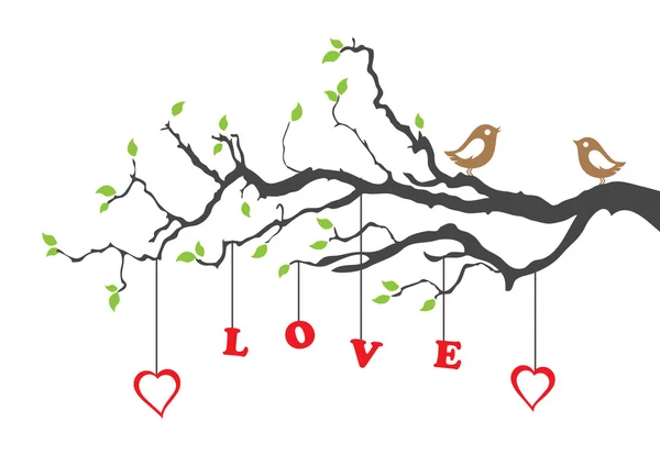 Dos pájaros de amor y árbol de amor — Vector de stock