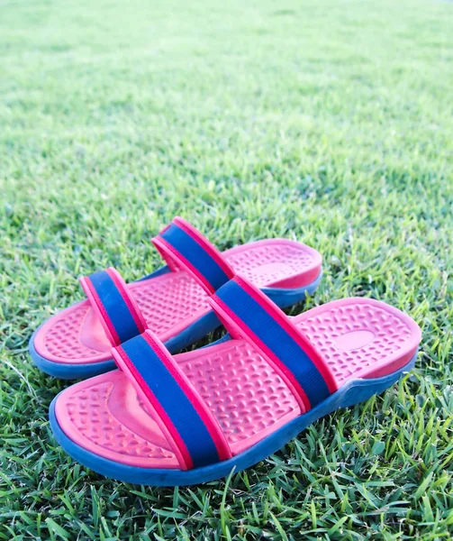 Sandálias ou chinelo na grama — Fotografia de Stock