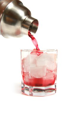 Cocktail shaker and glass of red drink with ice cubes clipart