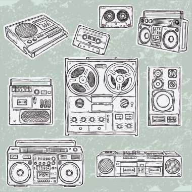 Retro musical equipment. A collection of stylish vector images of old tape clipart