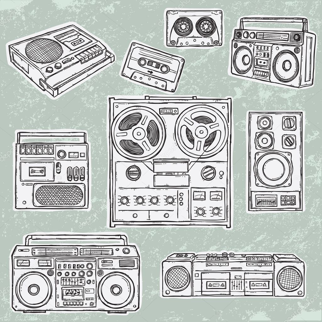 Retro musical equipment. A collection of stylish vector images of old tape