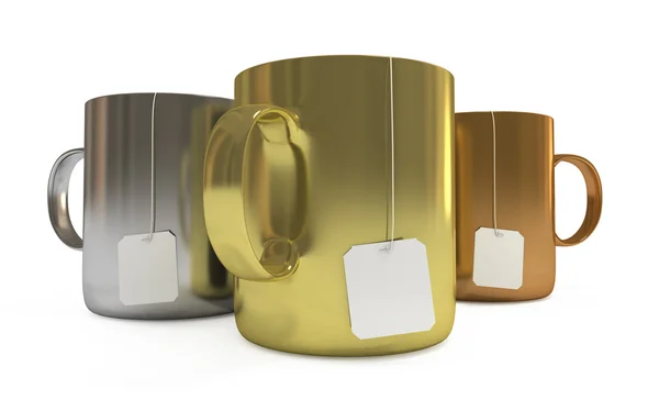 Podium aus Tassen mit Teeetiketten, isoliert, Schneideweg — Stockfoto