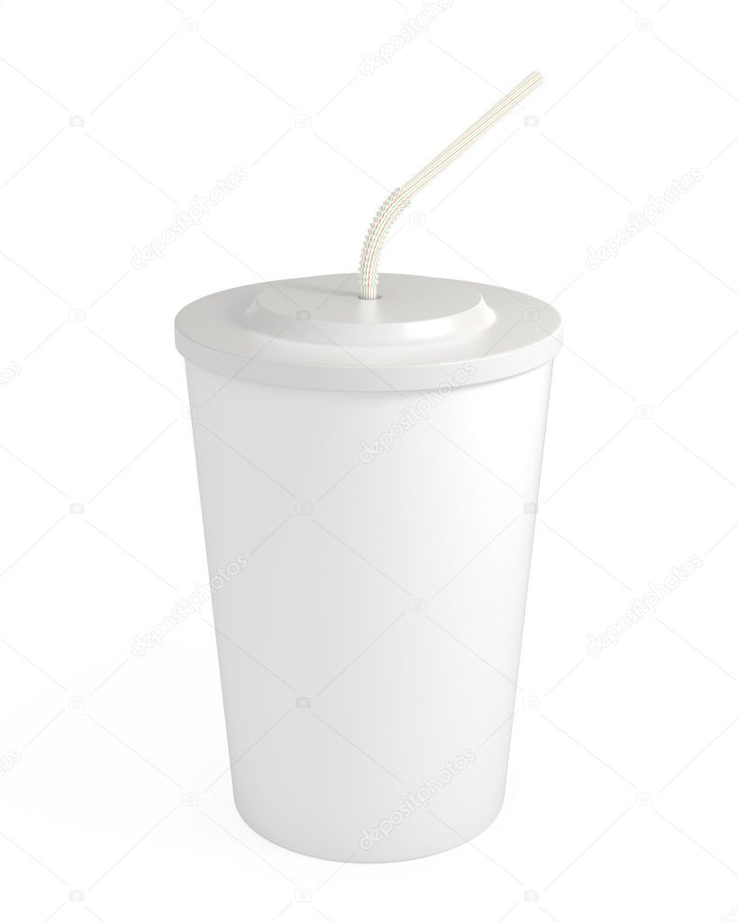 Blank white cup with straw, isolated on white, clipping path